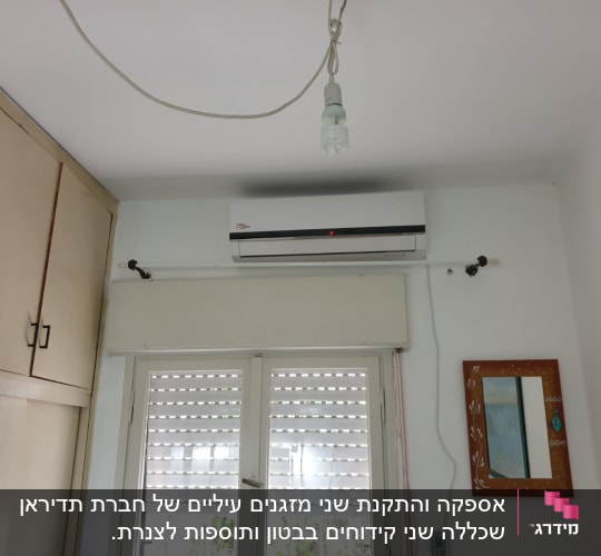 מזגן מותקן על קיר מעל חלון עם תריסים